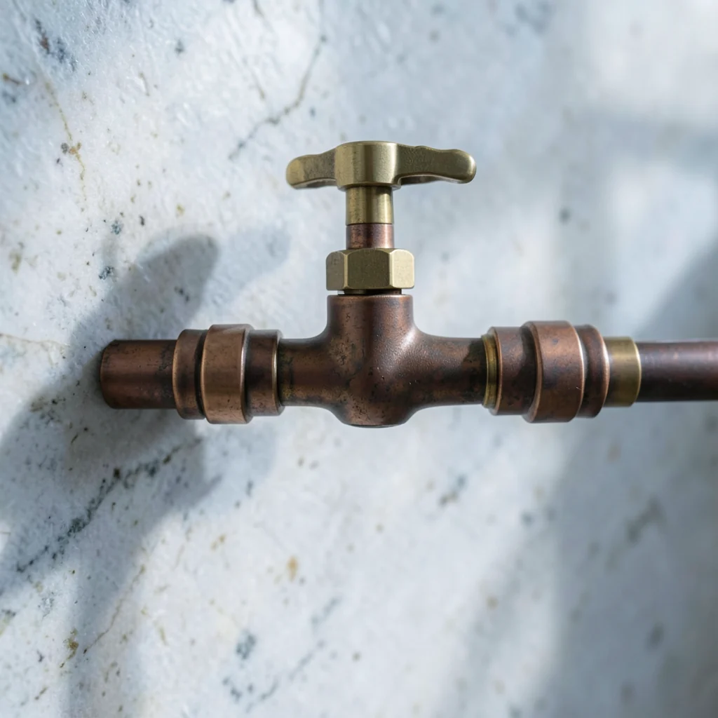 Detailed copper and brass plumbing valve against a mineral wall