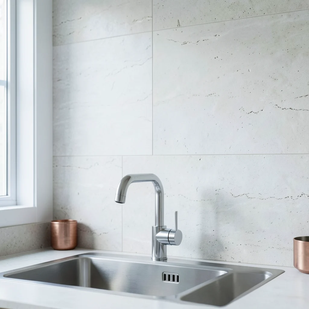 Chrome tap and sink set into a domestic kitchen