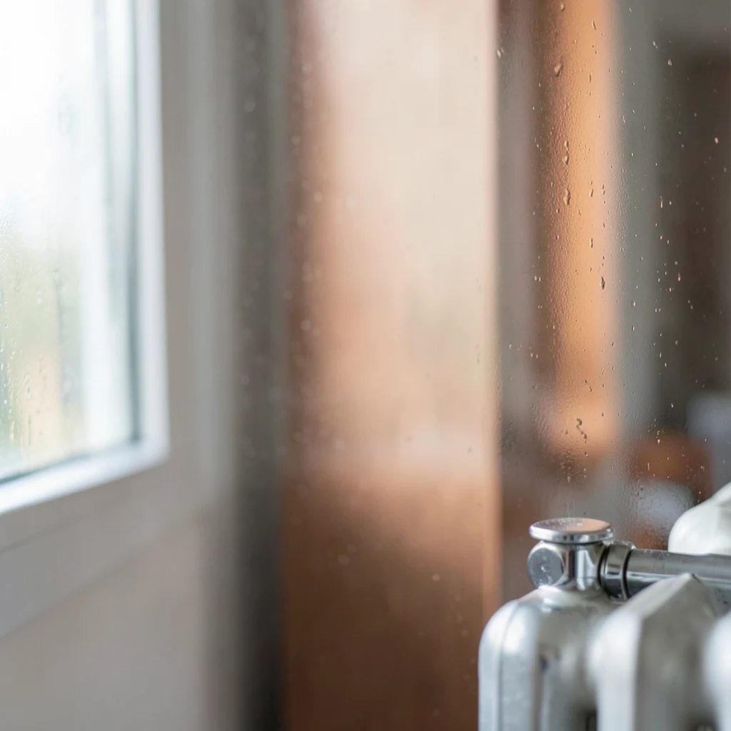 Gentle condensation on a window beside a softly lit domestic interior
